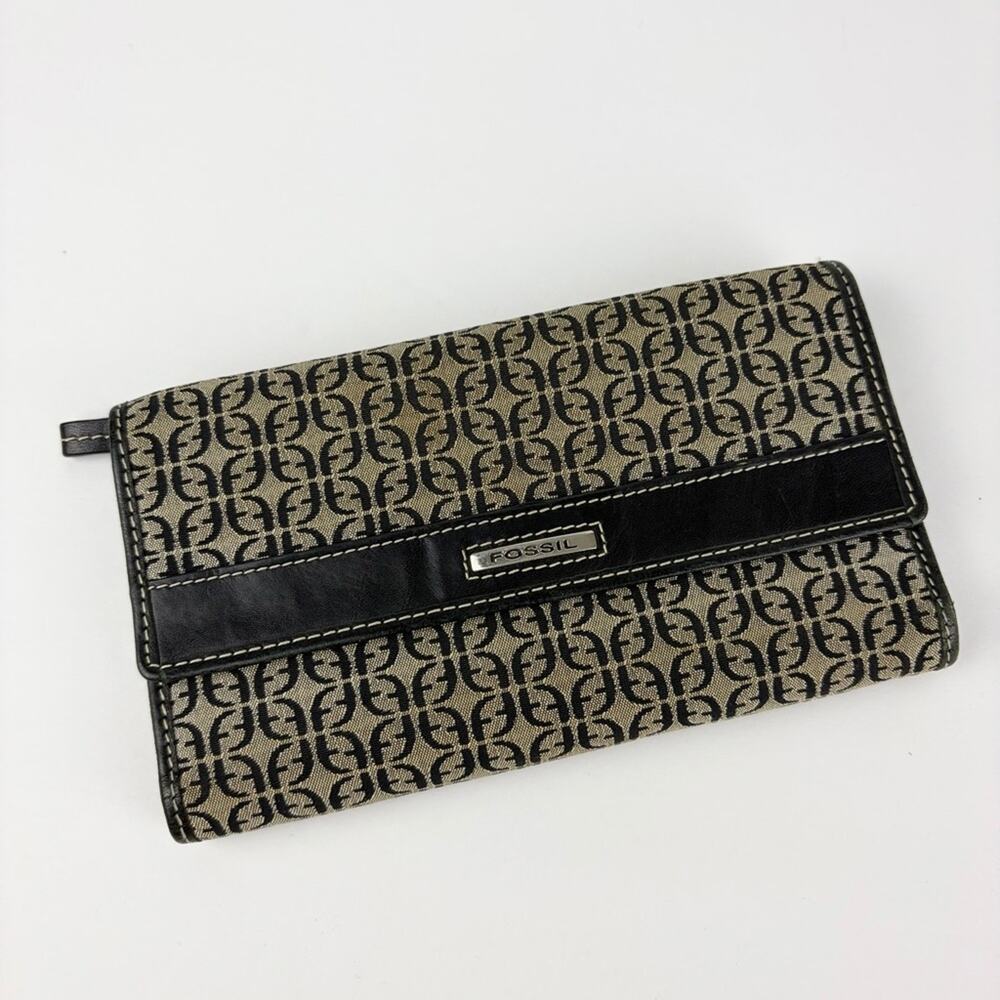Fossil Wallet Signature Print Canvas Leather Black Tan Trifold Check Wallet